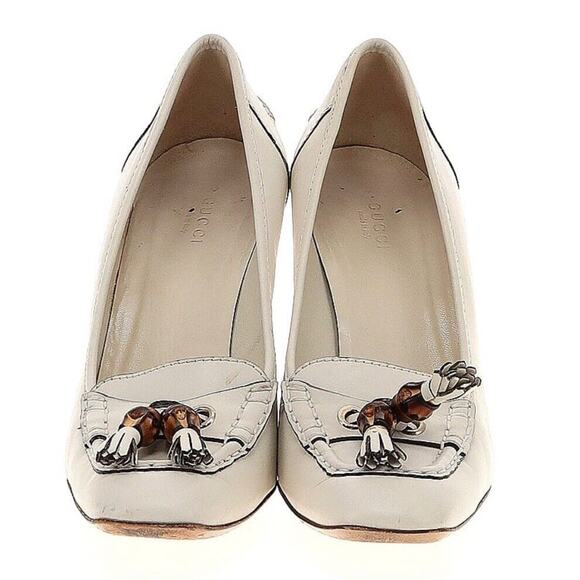Authentic GUCCI Bamboo Tassel Cream Leather Heels Shoes Size 10 - Picture 1 of 10